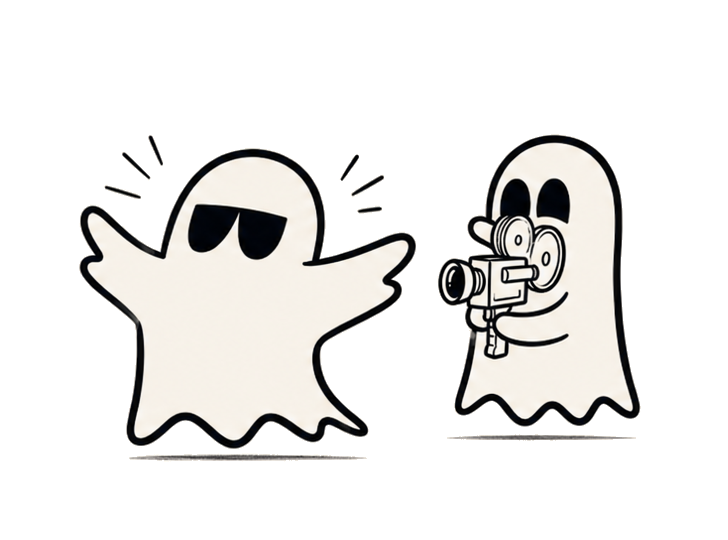 Banda desenhada em quatro momentos: o fantasma posa, o cameraman filma, chocam e acabam caídos com a câmara ainda a gravar